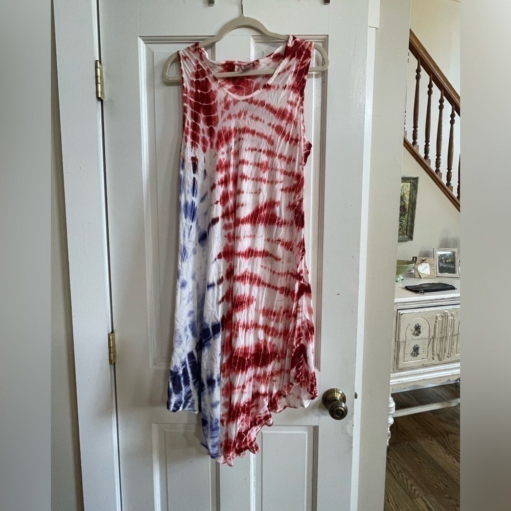 Great tied dyed red white and blue dress! One size fits most